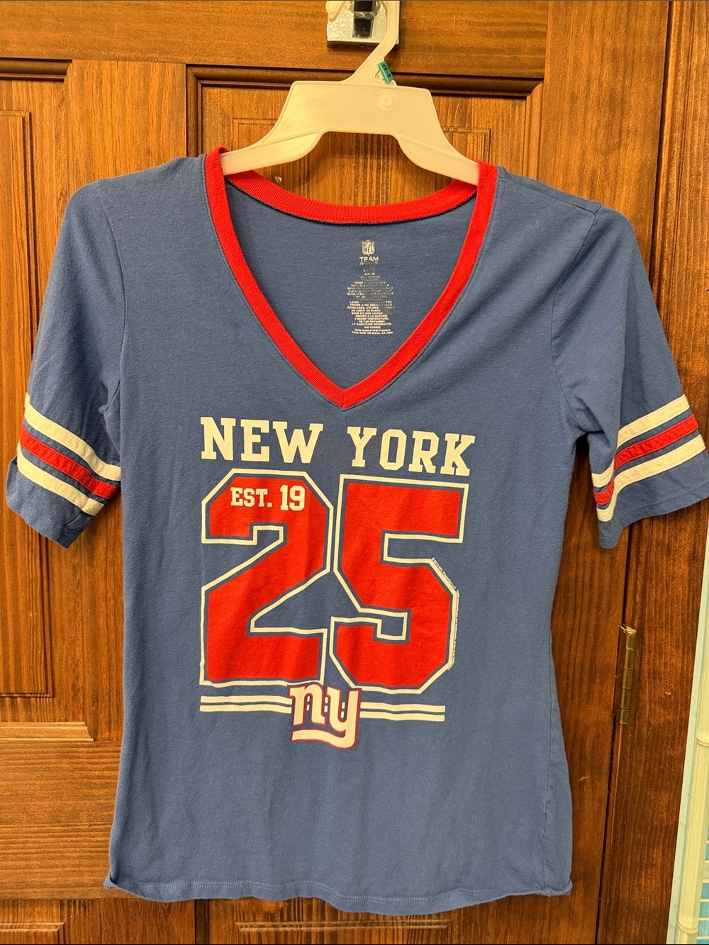 NFL Blue V-Neck Tee with Red and White New York 25 Graphic
